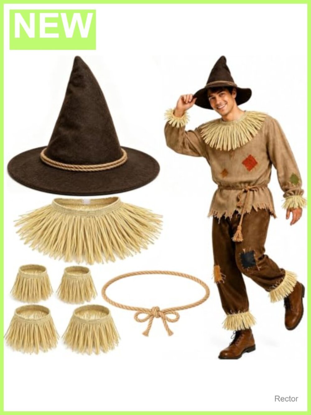 Adult Scarecrow Costume Accessory Set 7 Piece Straw Hat Collar Cuffs Belt